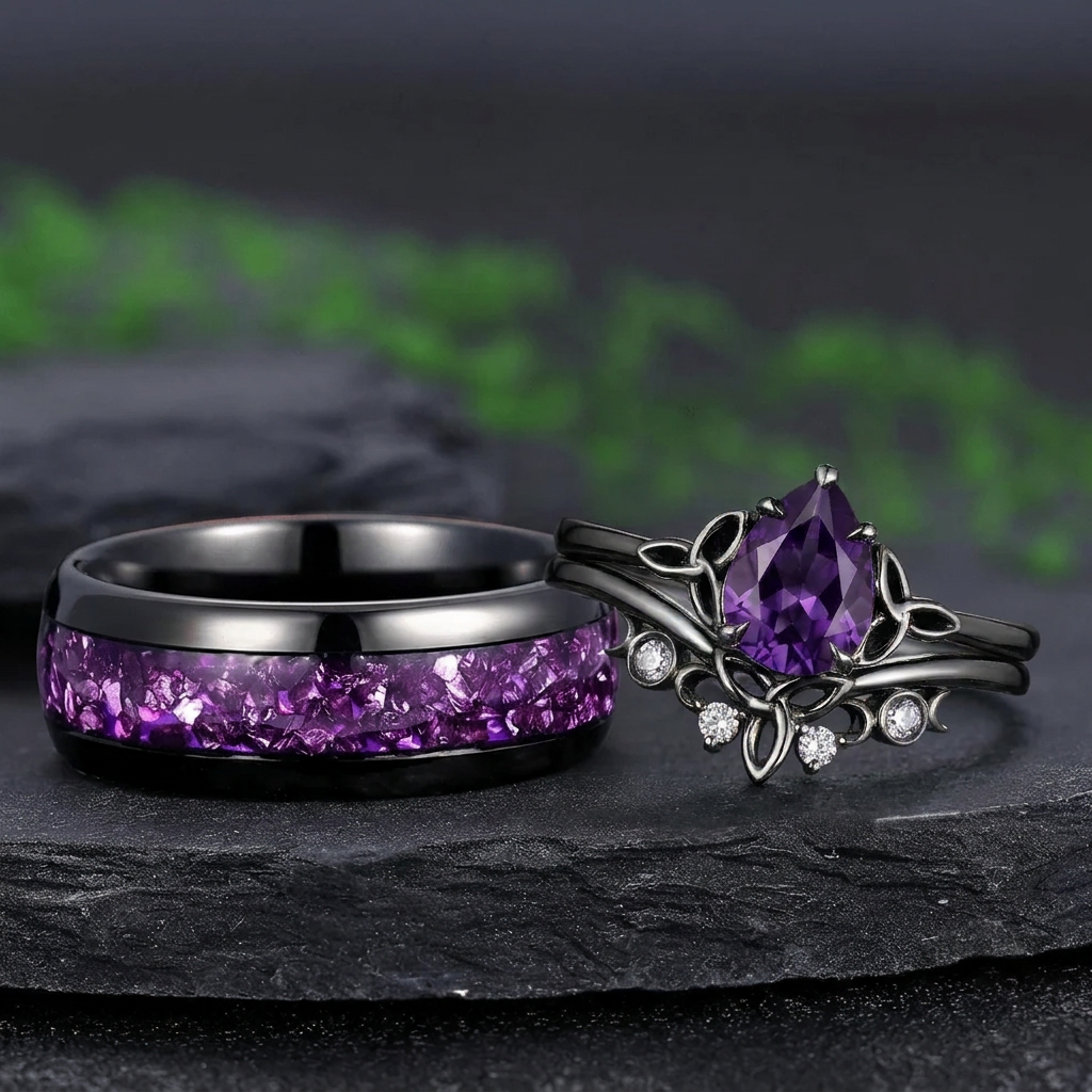 amethyst Pear Cut wedding ring black gold couple ring set promise rings his and her rings