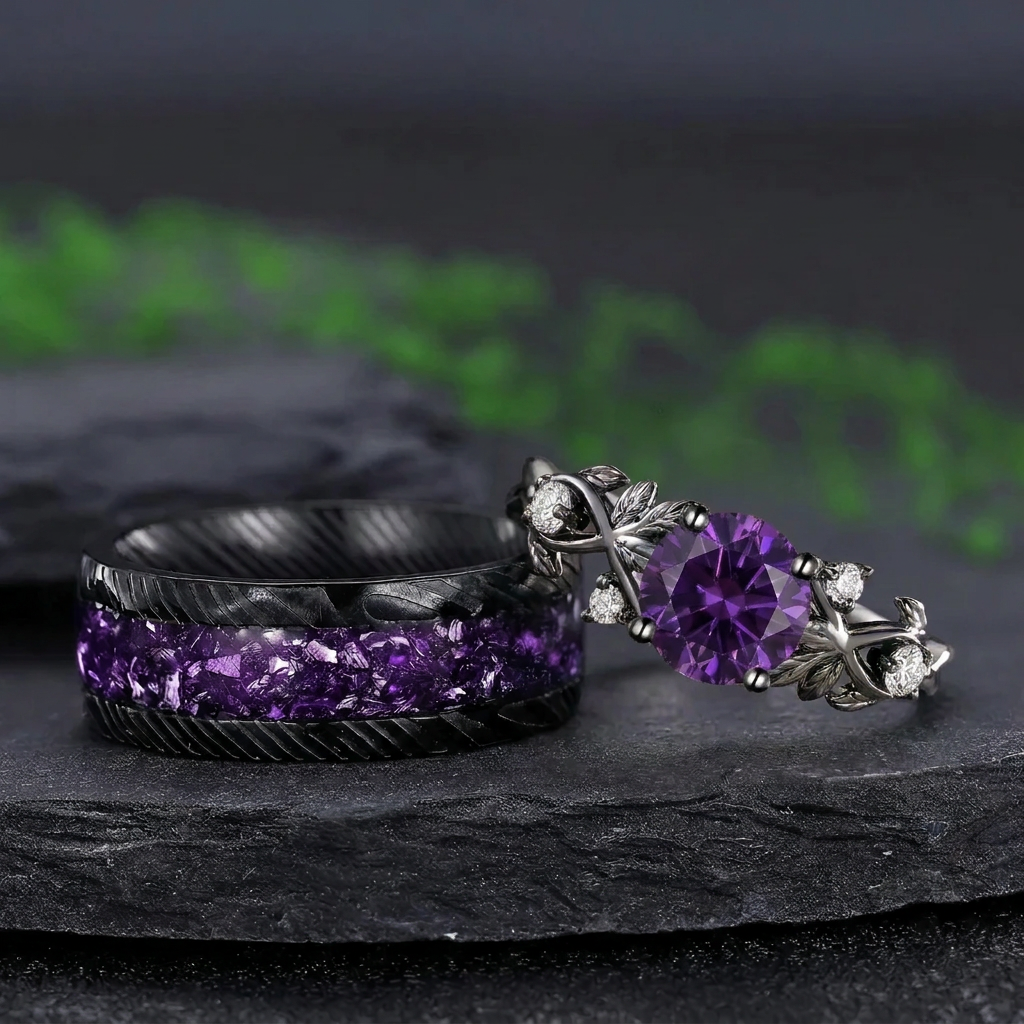 Round amethyst couple ring set tungsten ring his and hers wedding band promise ring