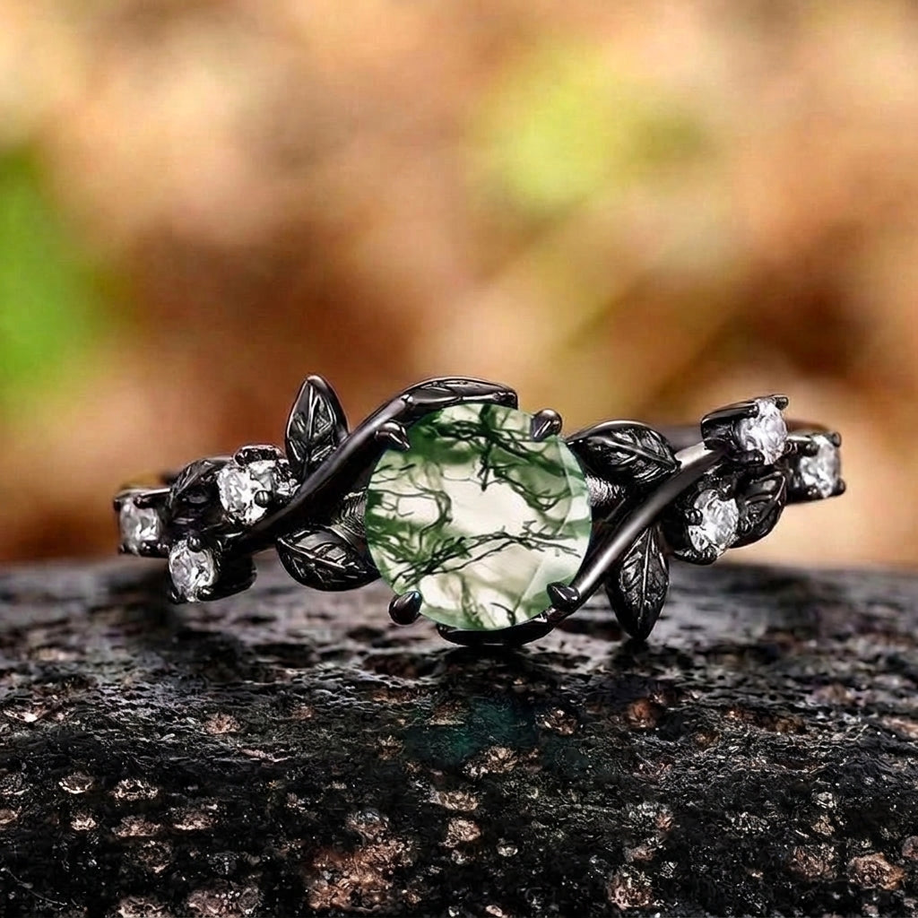 Gothic Black Gold Vine Leaf Round Moss Agate Engagement Ring