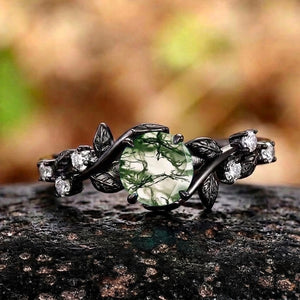 Gothic Black Gold Vine Leaf Round Moss Agate Engagement Ring