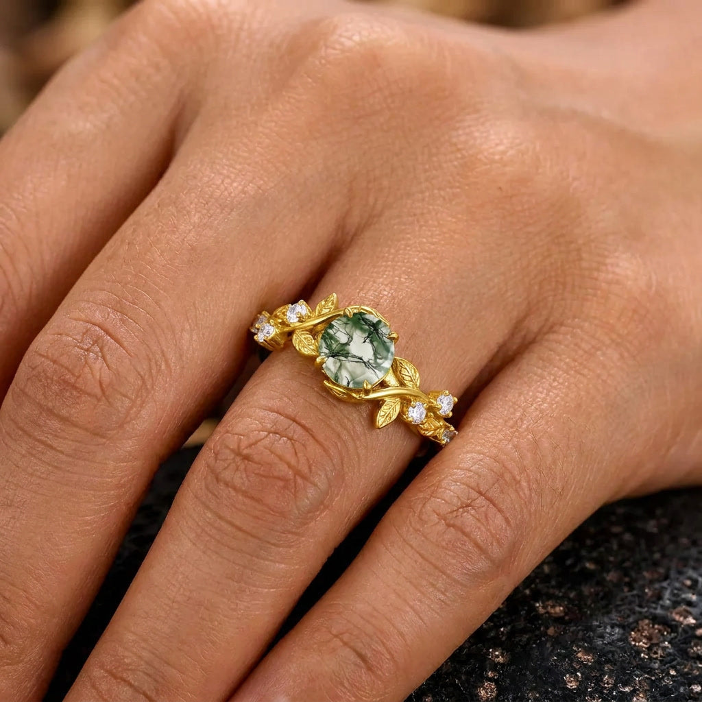 Gothic Black Gold Vine Leaf Round Moss Agate Engagement Ring