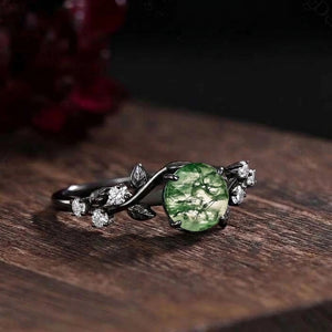 Gothic Black Gold Vine Leaf Round Moss Agate Engagement Ring