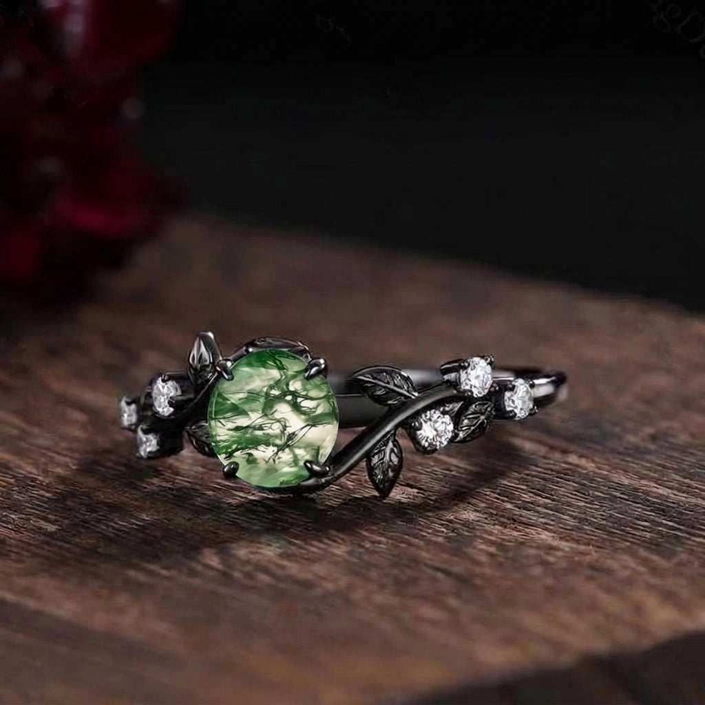 Gothic Black Gold Vine Leaf Round Moss Agate Engagement Ring