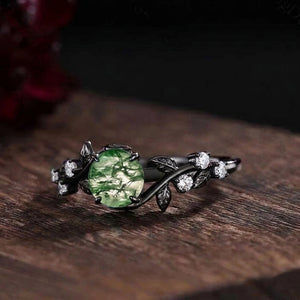 Gothic Black Gold Vine Leaf Round Moss Agate Engagement Ring