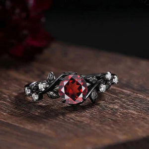 Gothic Black Gold Floral Vine Round Red Garnet Ring