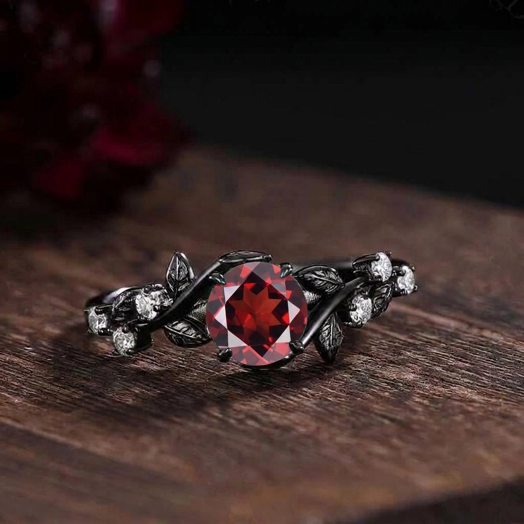 Her Ring - Gothic Black Gold Floral Vine Round Red Garnet Ring