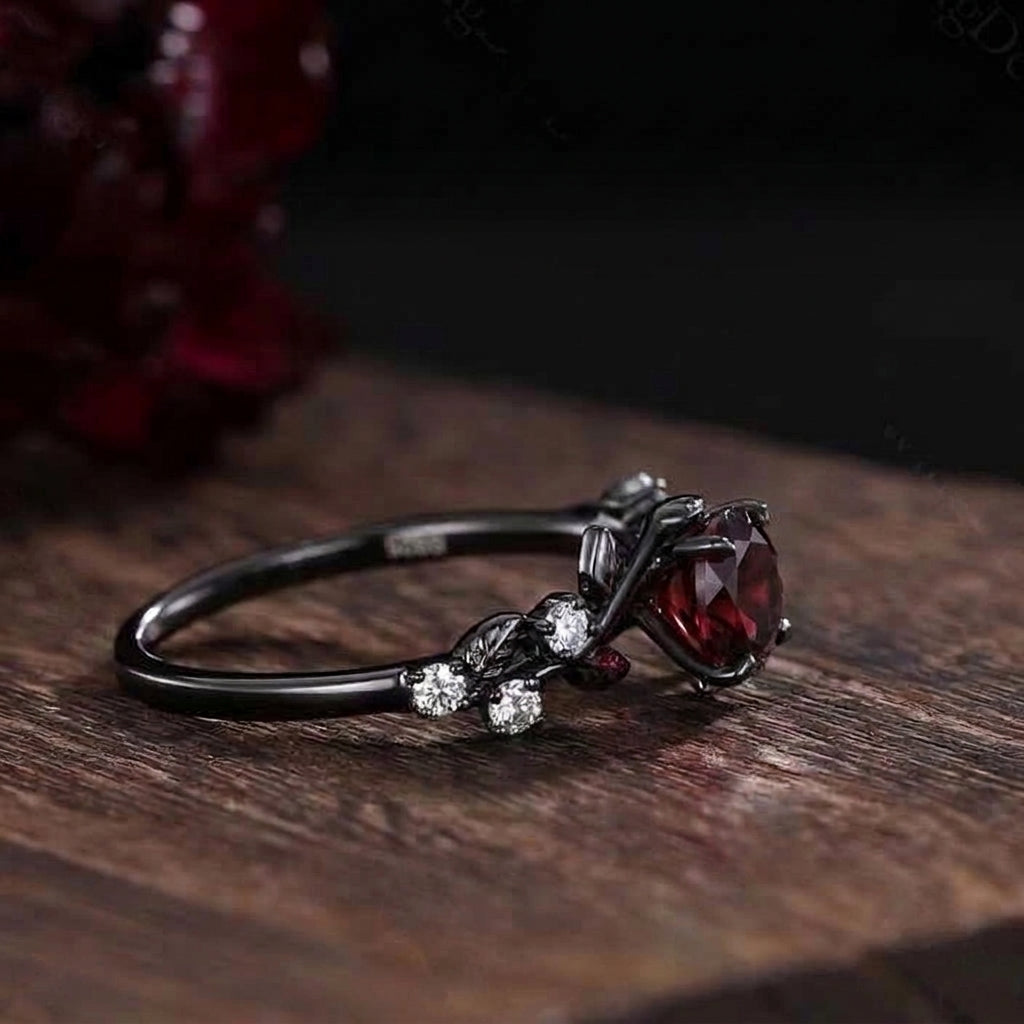 Her Ring - Gothic Black Gold Floral Vine Round Red Garnet Ring