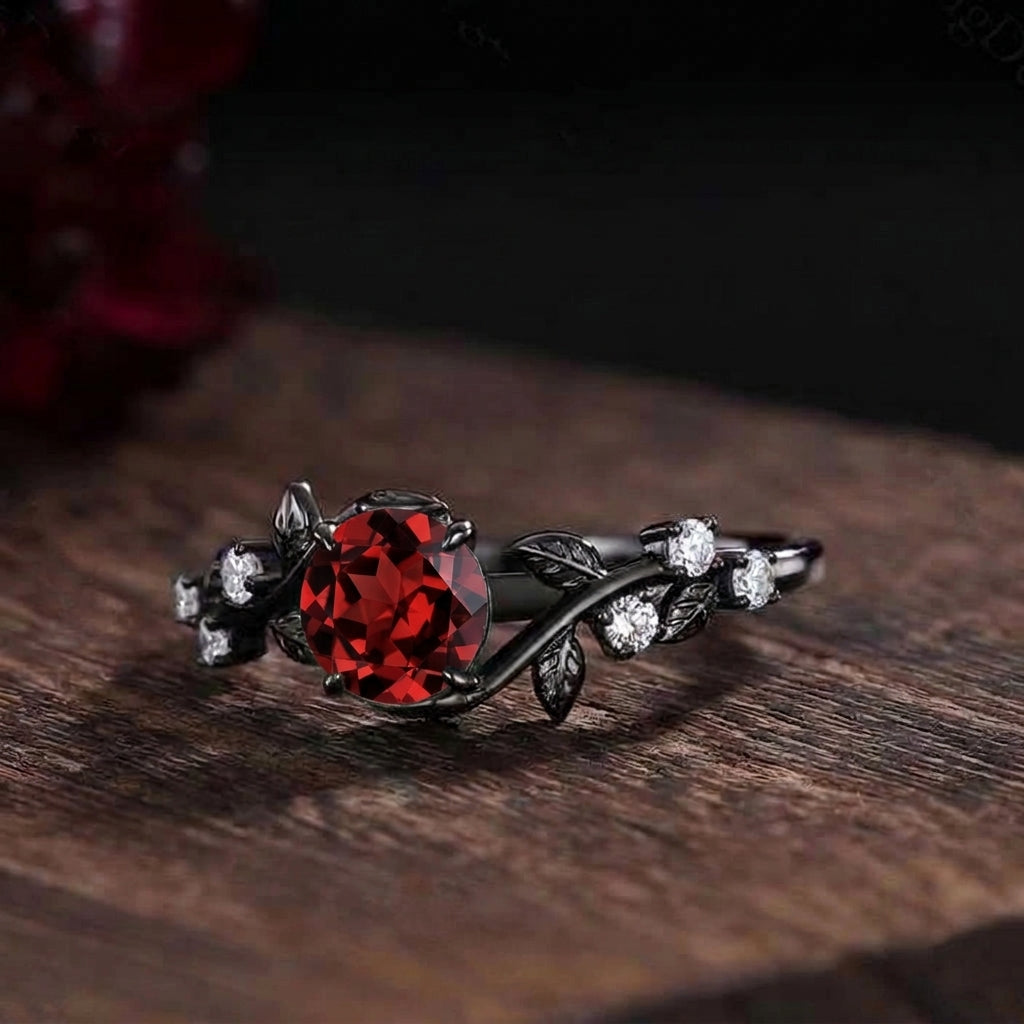 Gothic Black Gold Floral Vine Round Red Garnet Ring