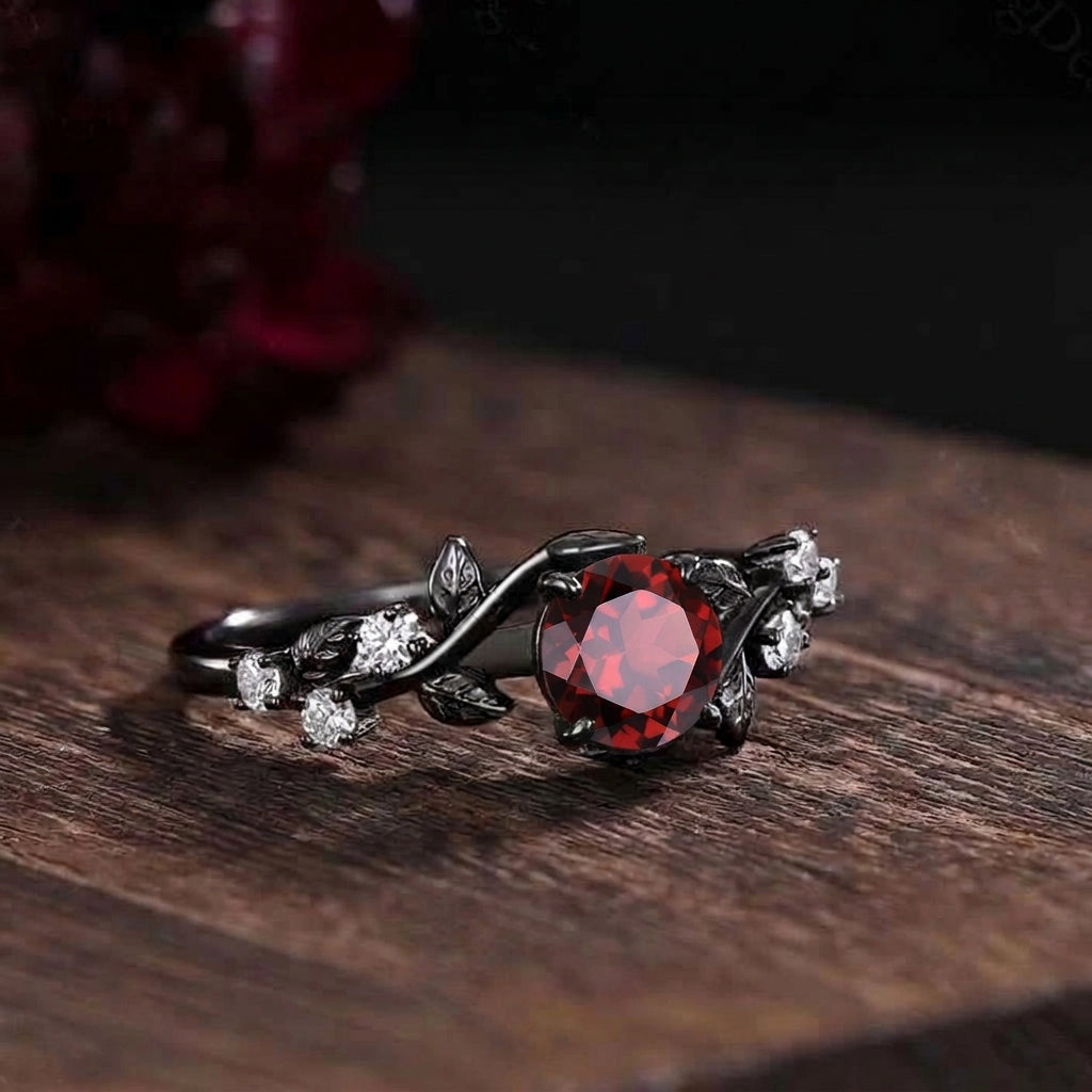 Her Ring - Gothic Black Gold Floral Vine Round Red Garnet Ring
