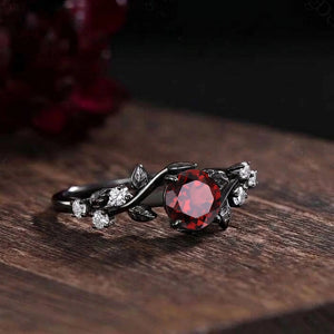 Her Ring - Gothic Black Gold Floral Vine Round Red Garnet Ring