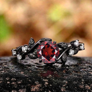 Gothic Black Gold Floral Vine Round Red Garnet Ring