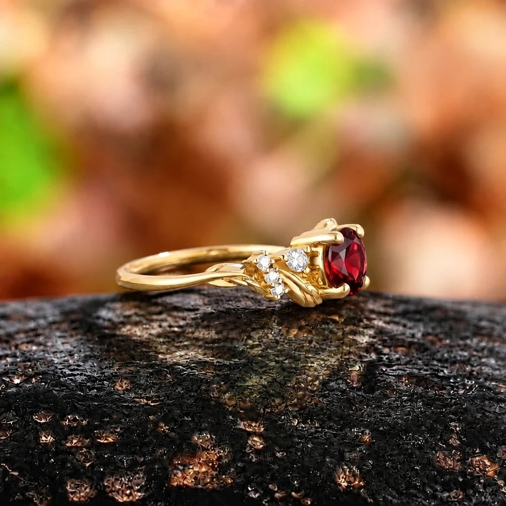 Her Ring - Vintage Yellow Gold Twisted Leaf Round Red Garnet Ring