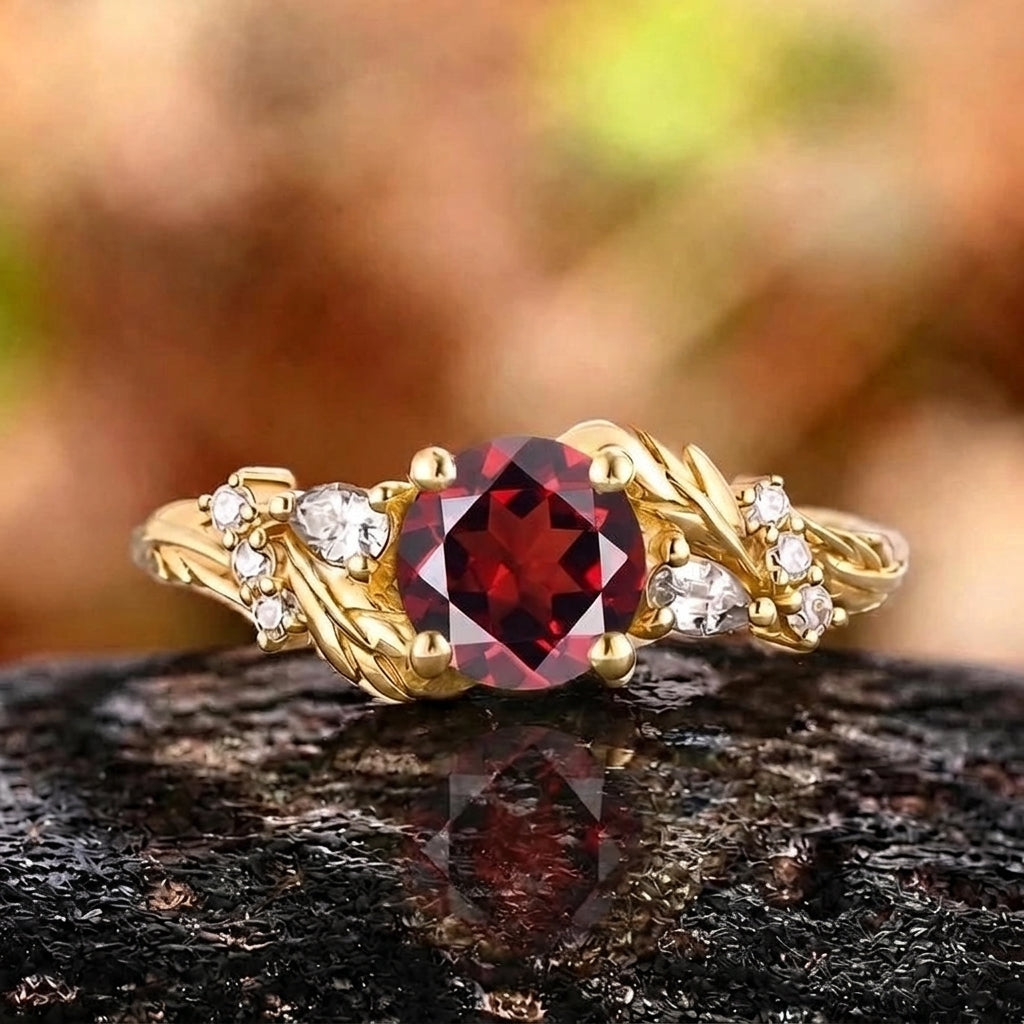Her Ring - Vintage Yellow Gold Twisted Leaf Round Red Garnet Ring
