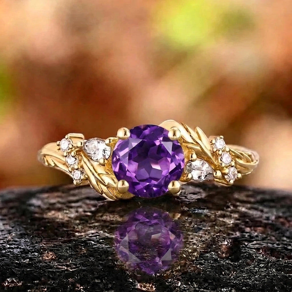 Her Ring - Vintage Yellow Gold Twisted Leaf Round Amethyst Ring