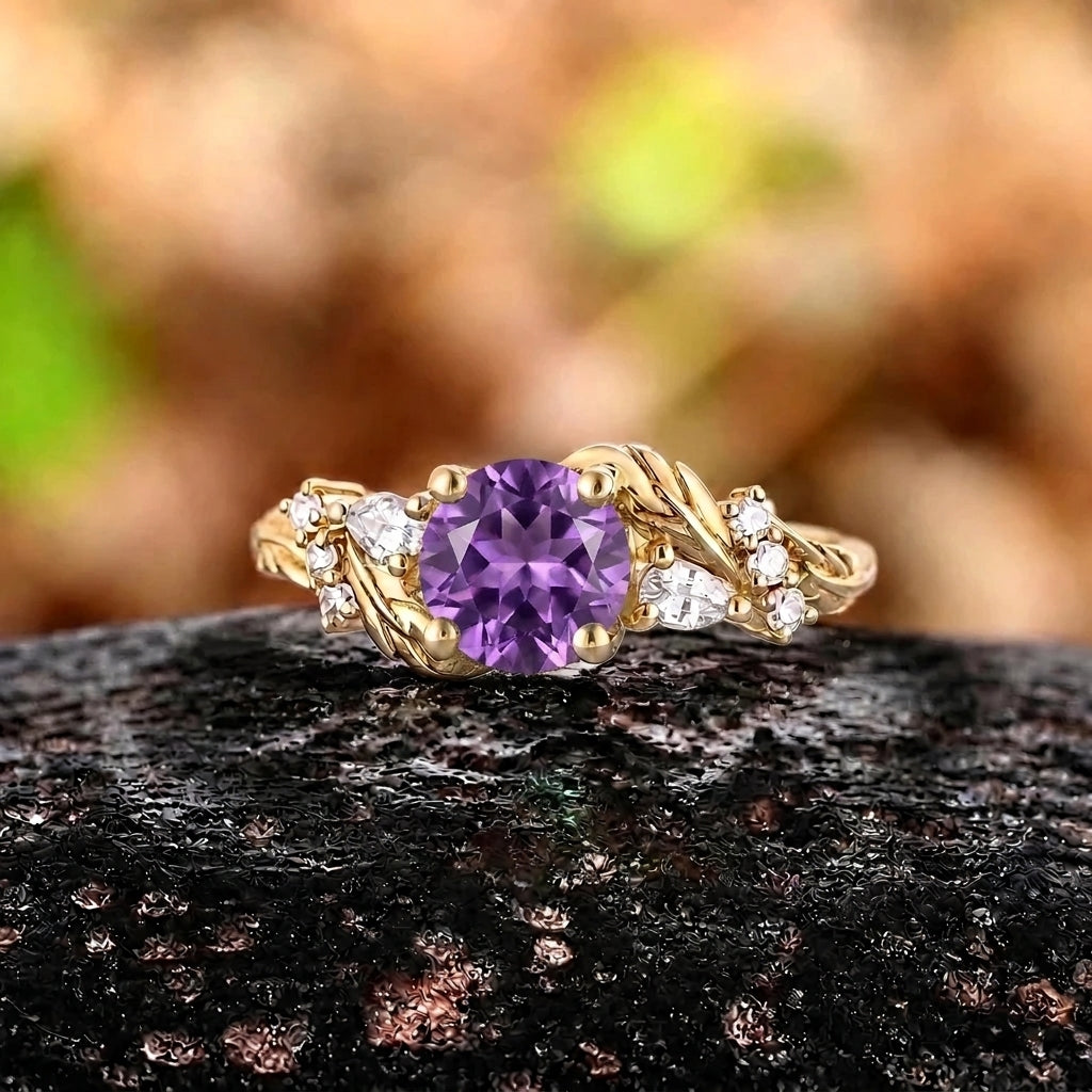 Vintage Yellow Gold Twisted Leaf Round Amethyst Ring