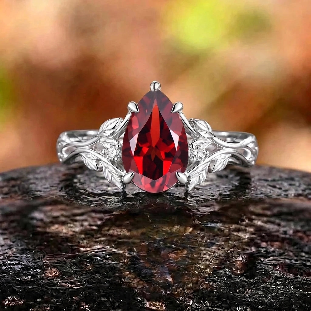 Her Ring - Nature Inspired Leaf Branch Pear Red Garnet Engagement Ring
