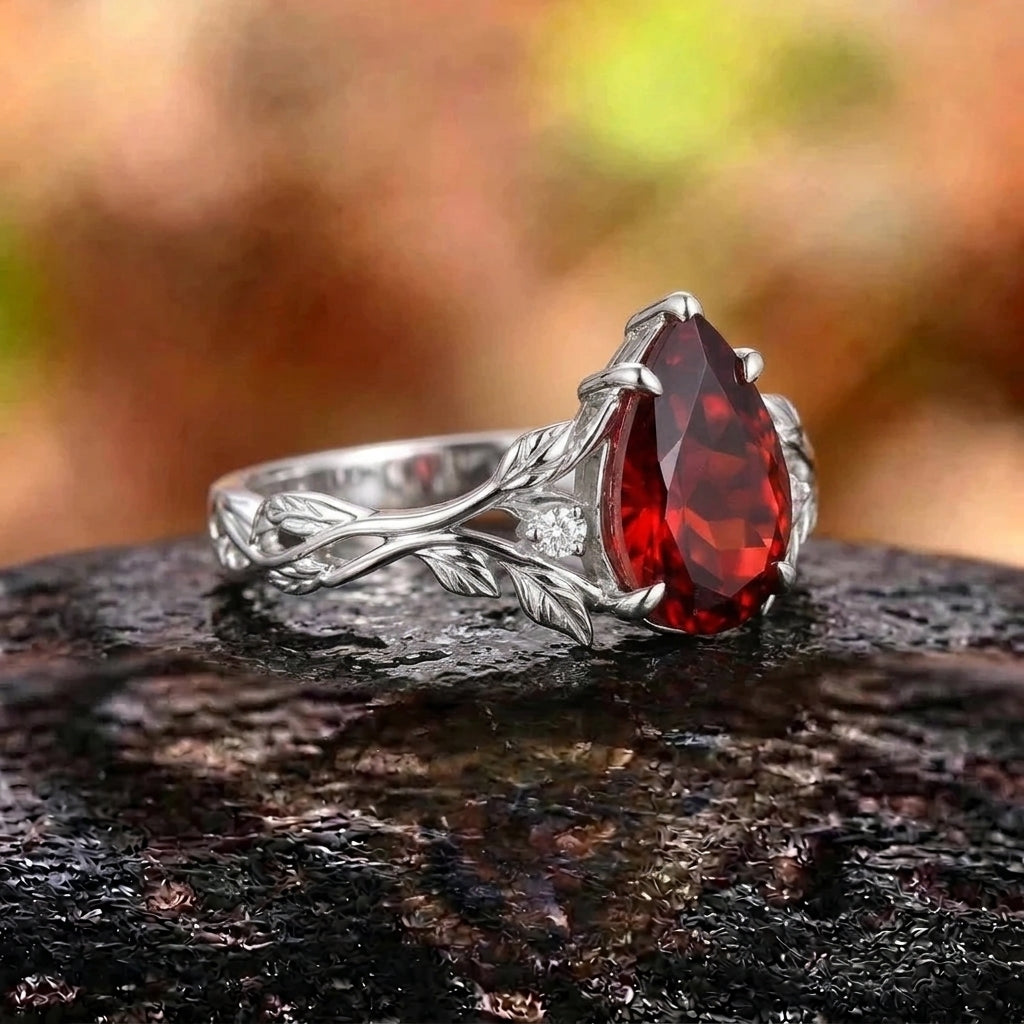 Her Ring - Nature Inspired Leaf Branch Pear Red Garnet Engagement Ring