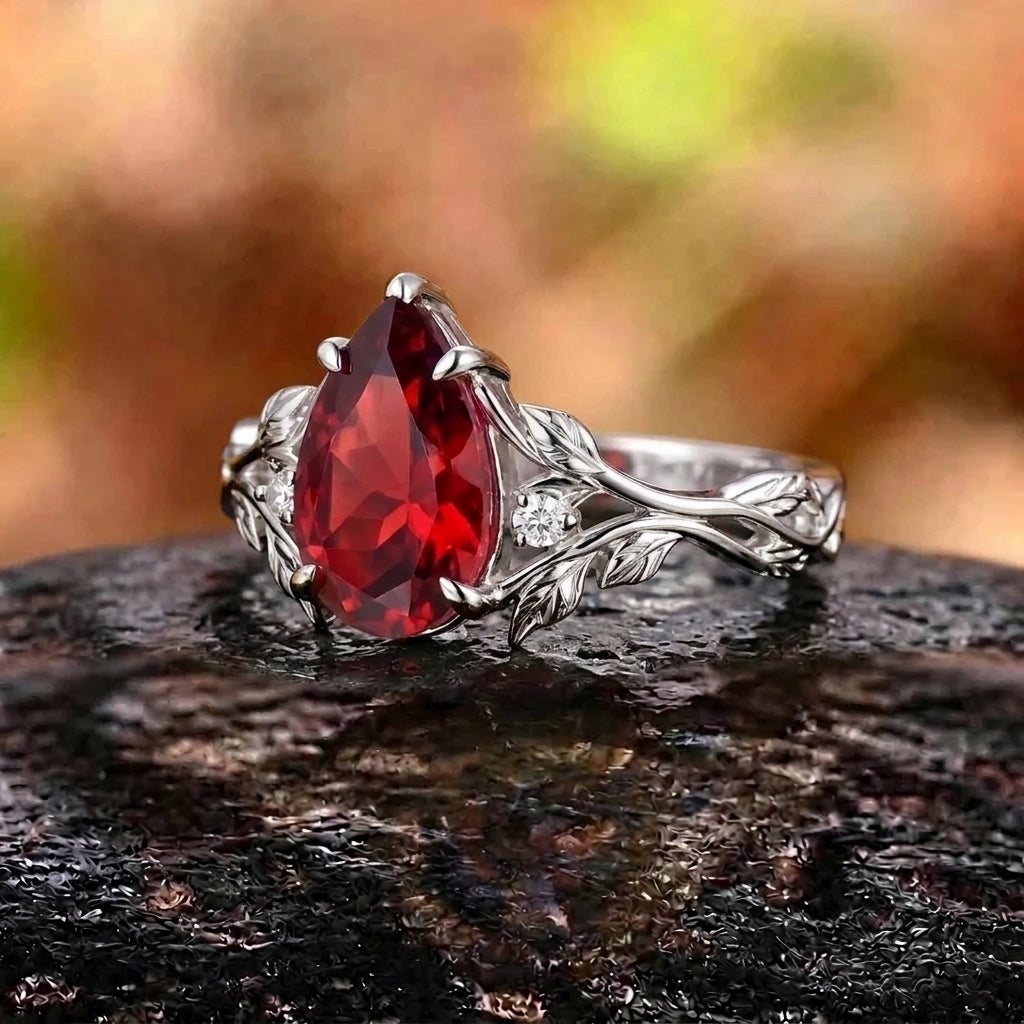 Her Ring - Nature Inspired Leaf Branch Pear Red Garnet Engagement Ring