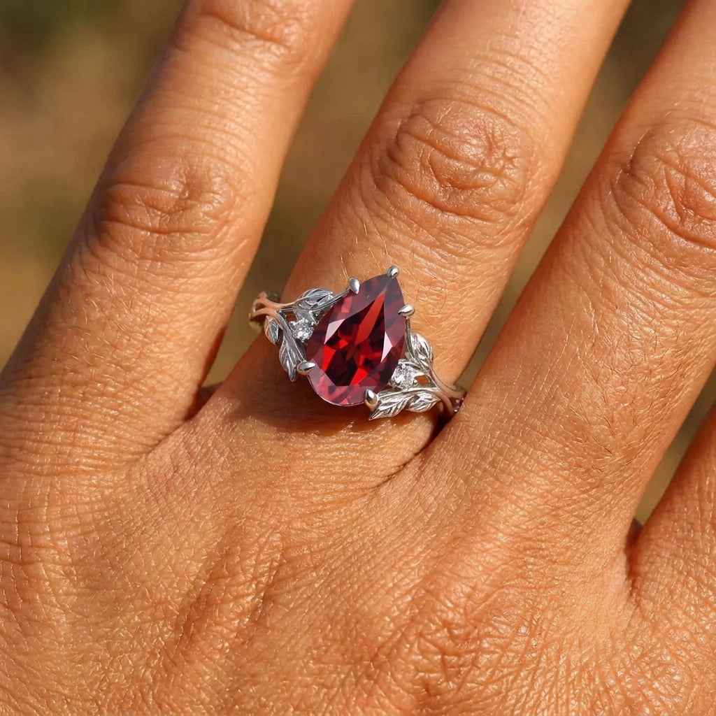 Her Ring - Nature Inspired Leaf Branch Pear Red Garnet Engagement Ring