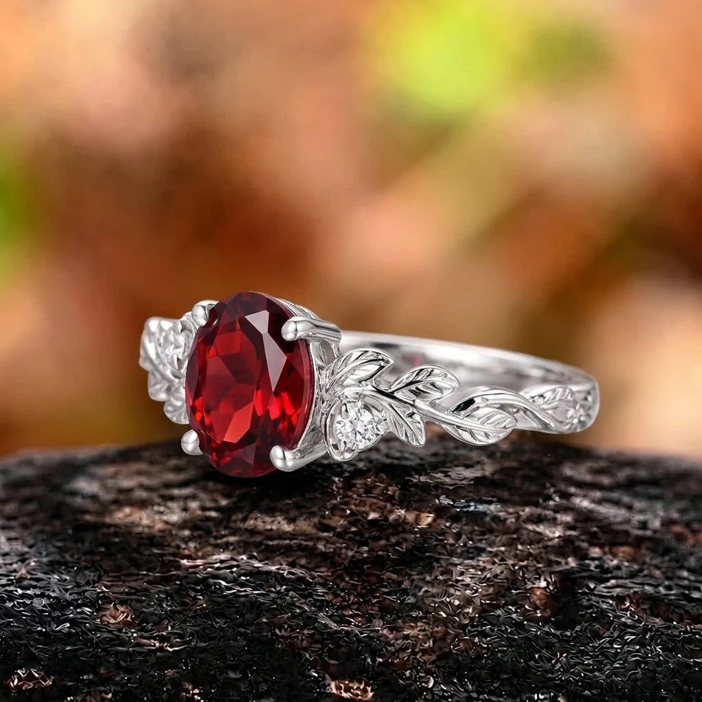 Vintage Leaf Branch Round Red Garnet Engagement Ring