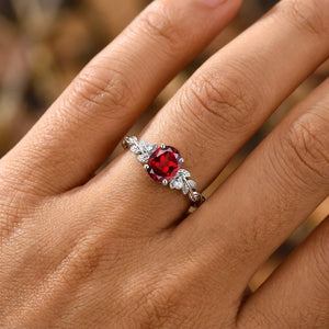 Her Ring - Vintage Leaf Branch Round Red Garnet Engagement Ring