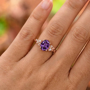 Vintage Leaf Branch Round Amethyst Engagement Ring