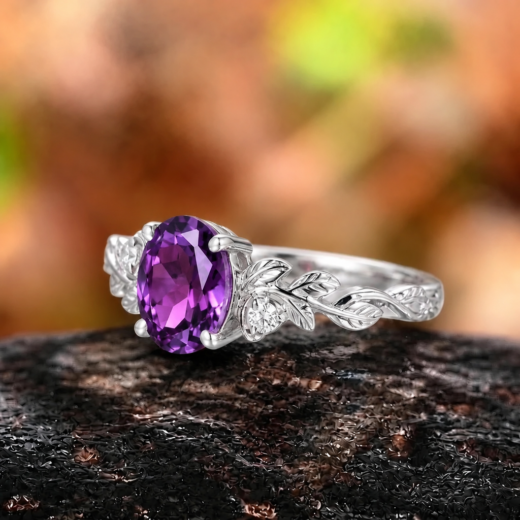 Nature Inspired Leaf Branch Pear Amethyst Engagement Ring