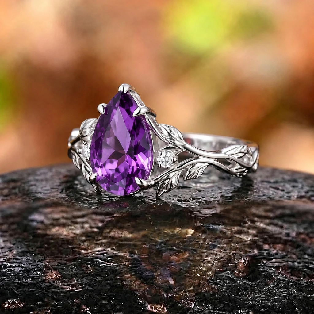 Nature Inspired Leaf Branch Pear Amethyst Engagement Ring