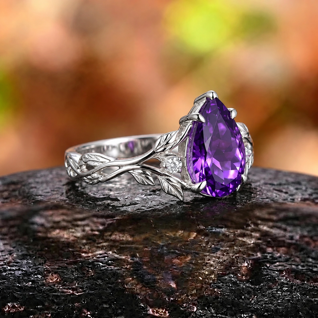 Nature Inspired Leaf Branch Pear Amethyst Engagement Ring