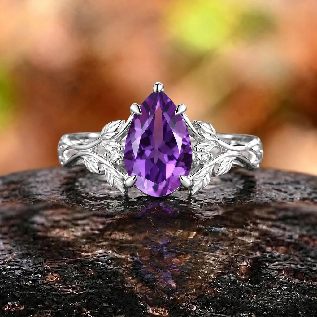 Nature Inspired Leaf Branch Pear Amethyst Engagement Ring