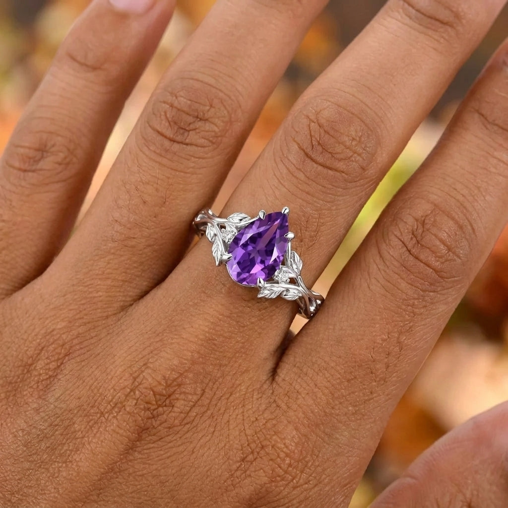 Nature Inspired Leaf Branch Pear Amethyst Engagement Ring
