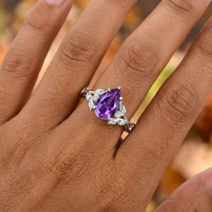 Her Ring - Nature Inspired Leaf Branch Pear Amethyst Engagement Ring