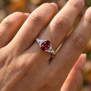 Botanical Leaf Shoulder Oval Red Garnet Engagement Ring