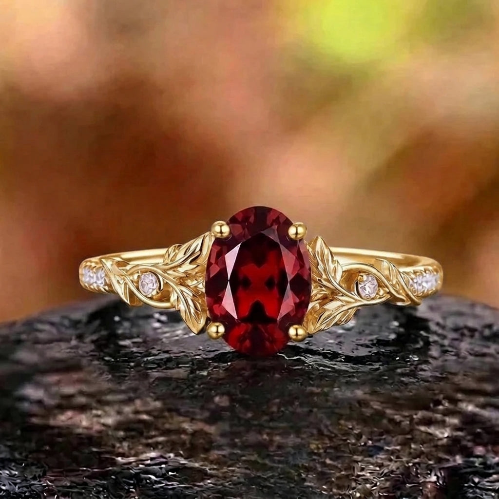 Botanical Leaf Shoulder Oval Red Garnet Engagement Ring