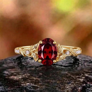 Botanical Leaf Shoulder Oval Red Garnet Engagement Ring