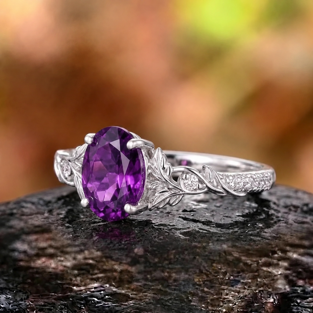Her Ring - Botanical Leaf & Vine Oval Amethyst Engagement Ring