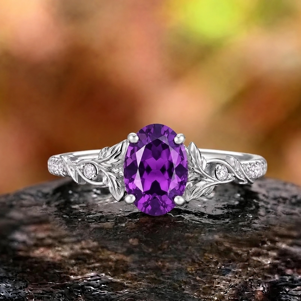 Botanical Leaf & Vine Oval Amethyst Engagement Ring