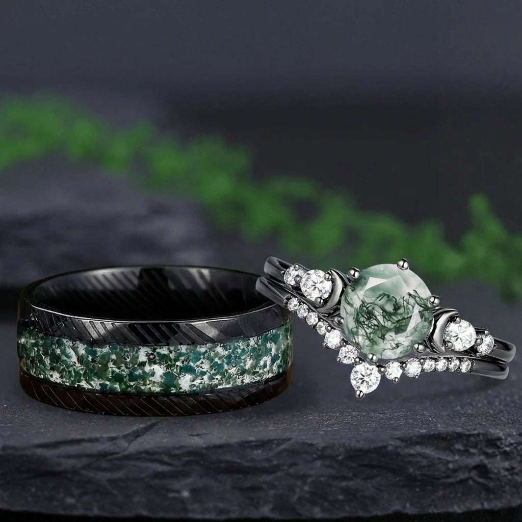 Dainty Round Cut Unique Moss Agate Couple Rings Nature-Inspired His & Her Matching Wedding Band