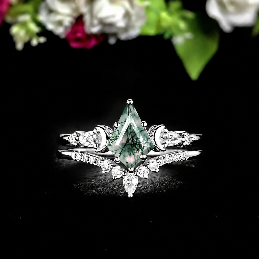 Art Deco Kite Cut Unique Moss Agate Couple Ring His and Her Matching Wedding Band