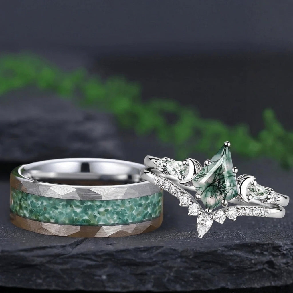 Art Deco Kite Cut Unique Moss Agate Couple Ring His and Her Matching Wedding Band