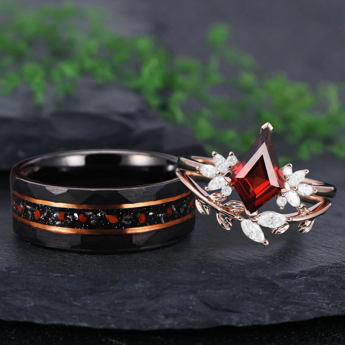 Kite Cut Red Garnet Couple Rings Cluster Ring Nature Inspired Leaf Engagement Ring Set for Women