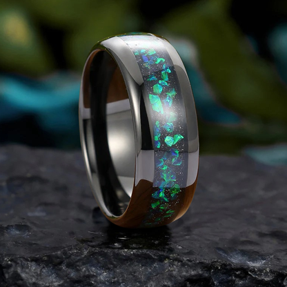 Black Tungsten Ring with Peacock Green Opal and Gold Leaf Inlay Men's Wedding Band