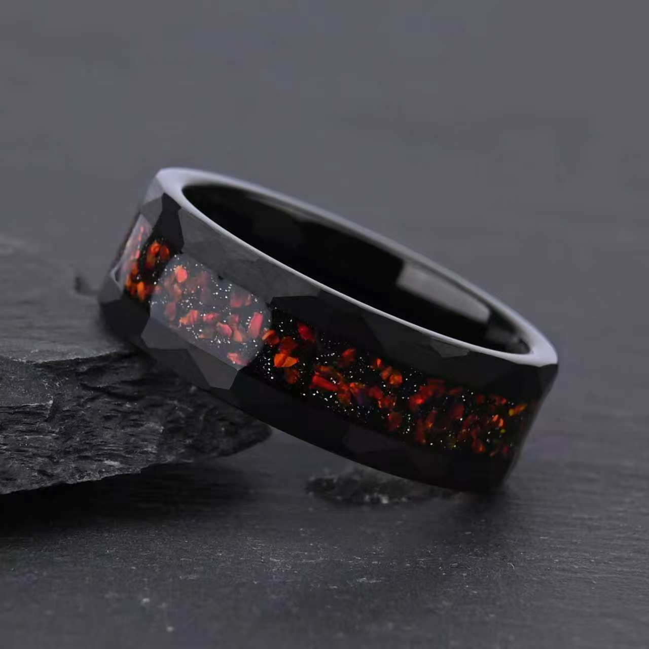 8mm Black Hammered Band with Red Opal and Gold Foil Inlay