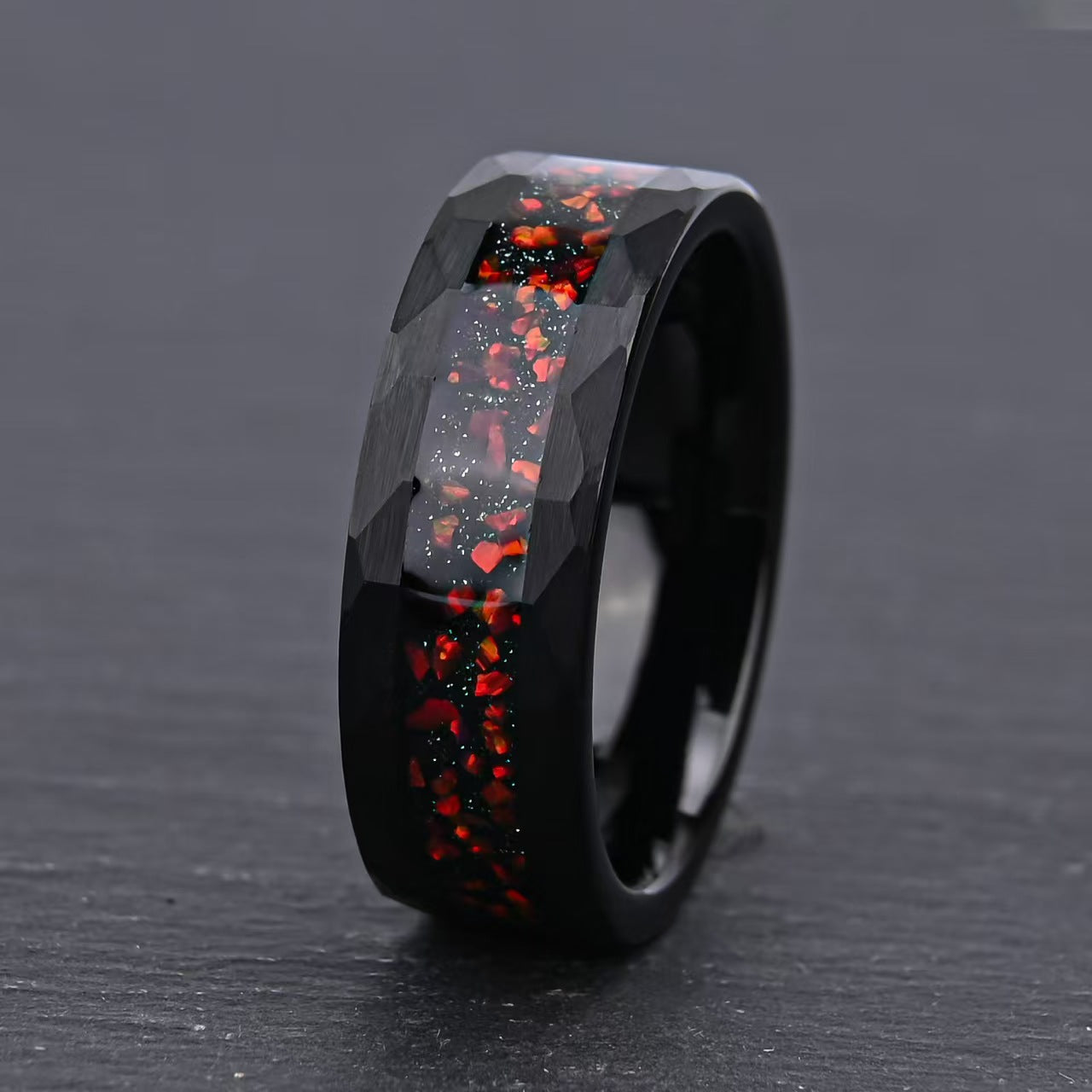8mm Black Hammered Band with Red Opal and Gold Foil Inlay
