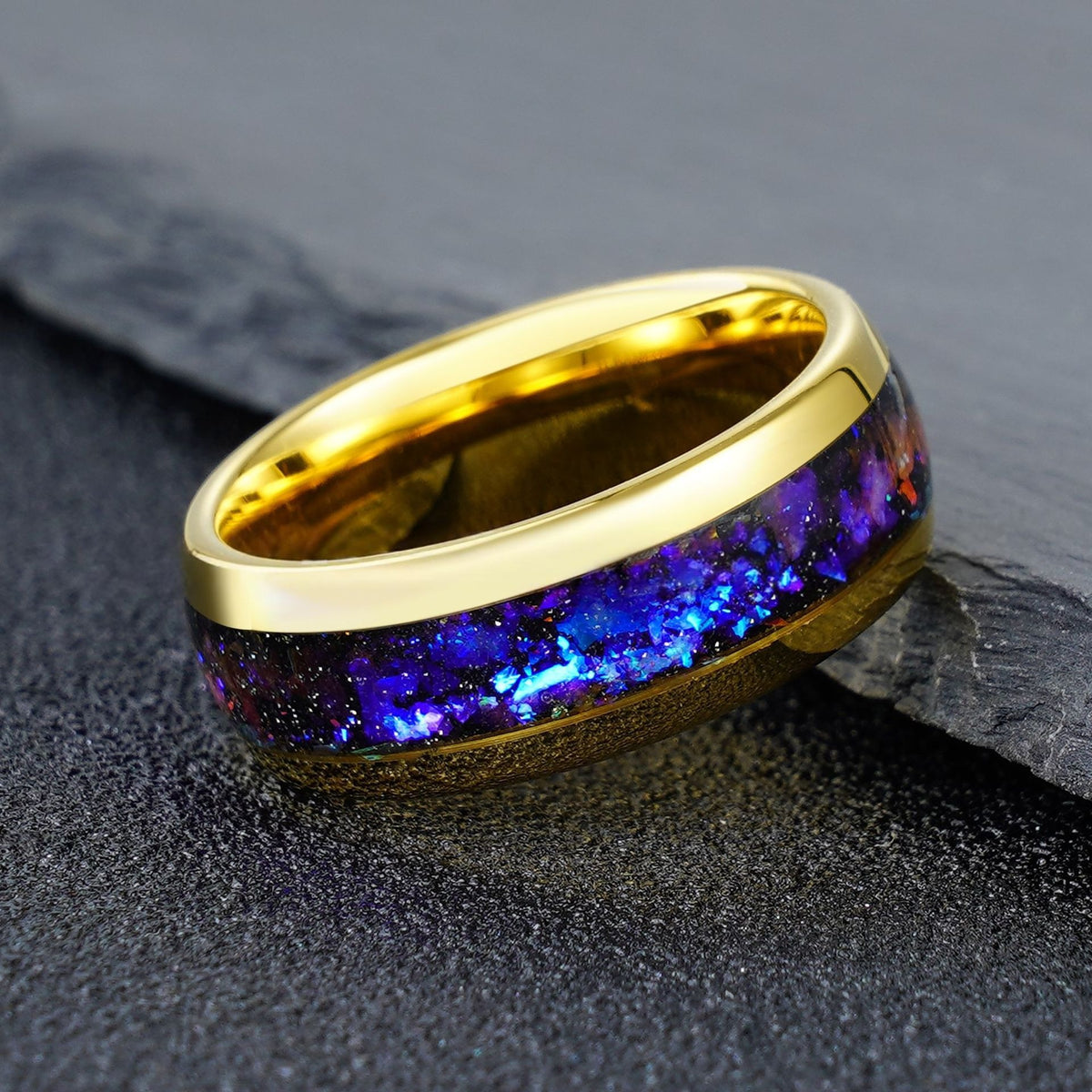 Polished Gold Tungsten Ring with Galaxy Opal Inlay