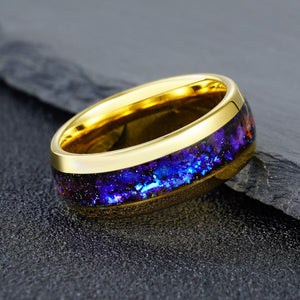 Polished Gold Tungsten Ring with Galaxy Opal Inlay