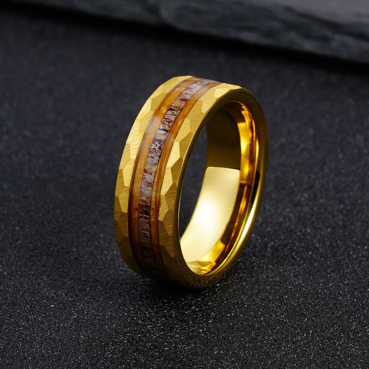 Hammered Gold Tungsten Ring with Wood and Antler Inlay