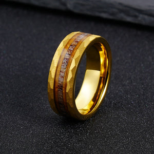 Hammered Gold Tungsten Ring with Wood and Antler Inlay