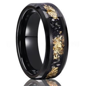Step Edge Black Tungsten Ring with Gold Foil & Meteorite Inlay