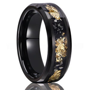 His Ring - Step Edge Black Tungsten Ring with Gold Foil & Meteorite Inlay